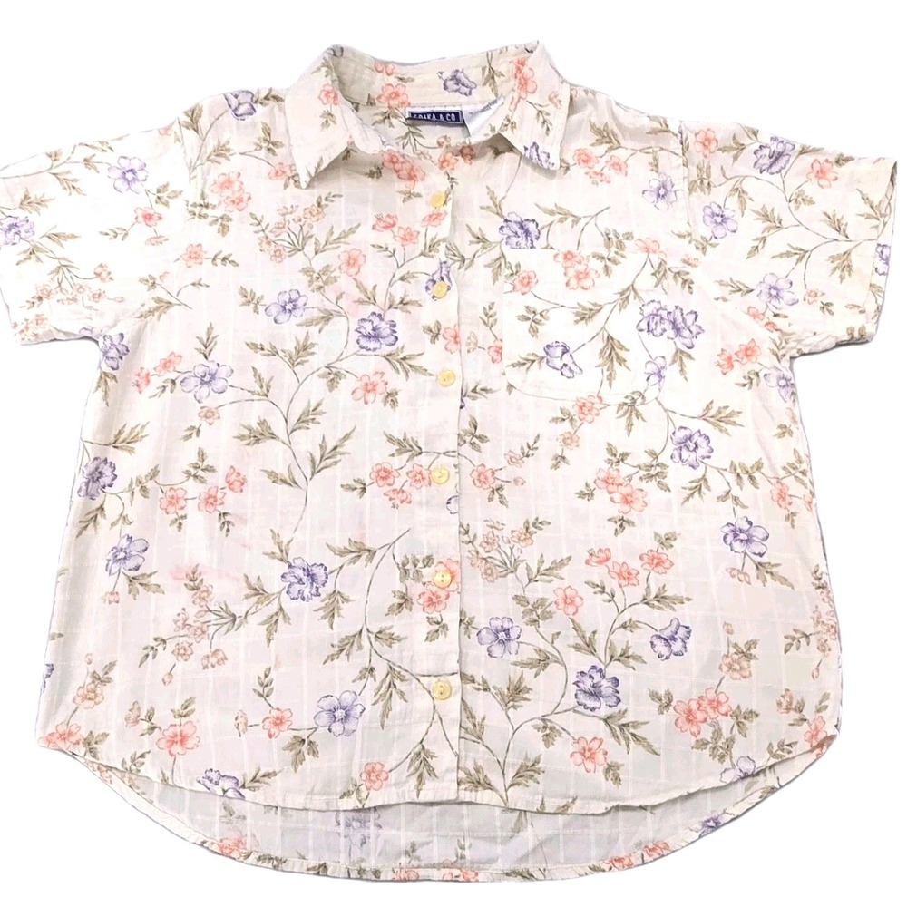90s Vintage Erika & Co Linen Cotton Blend Cream Button-Up Embroidered Top Size L